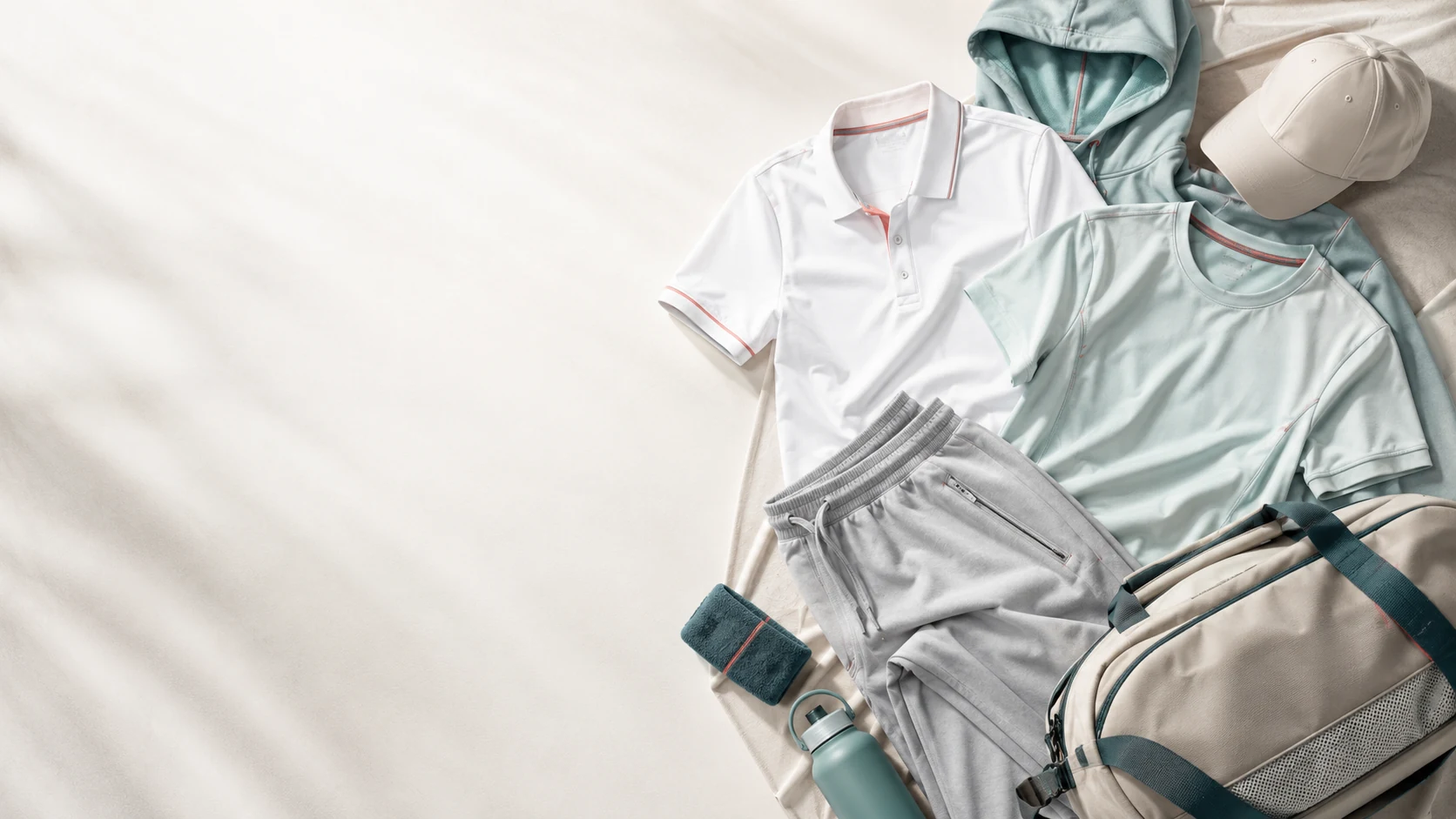 Polo shirt, T-shirt, hoodie, joggers, cap, and sports bag arranged on the right side of a light textile scene
