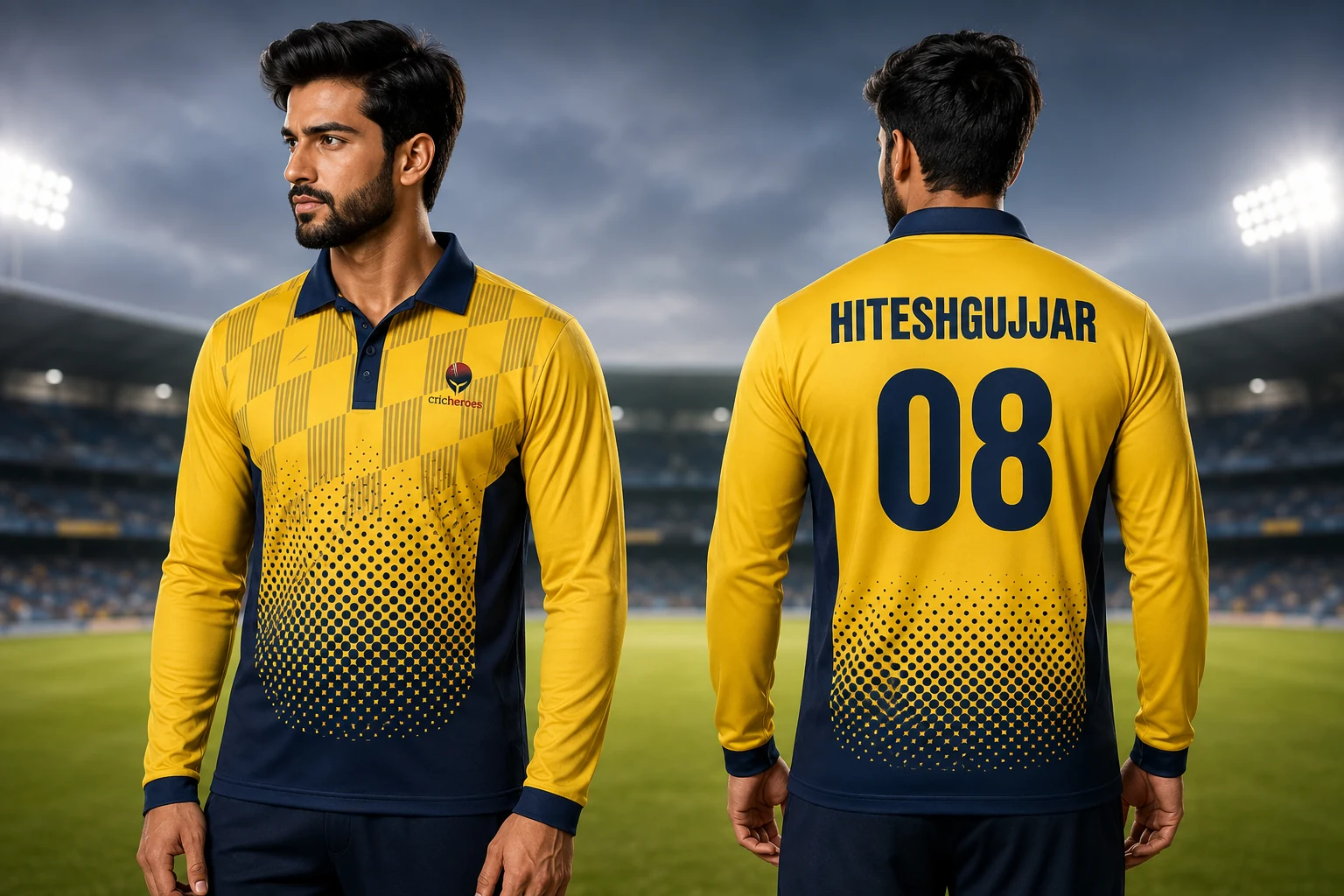 Cricket team jersey shown from the front and back on a stadium background