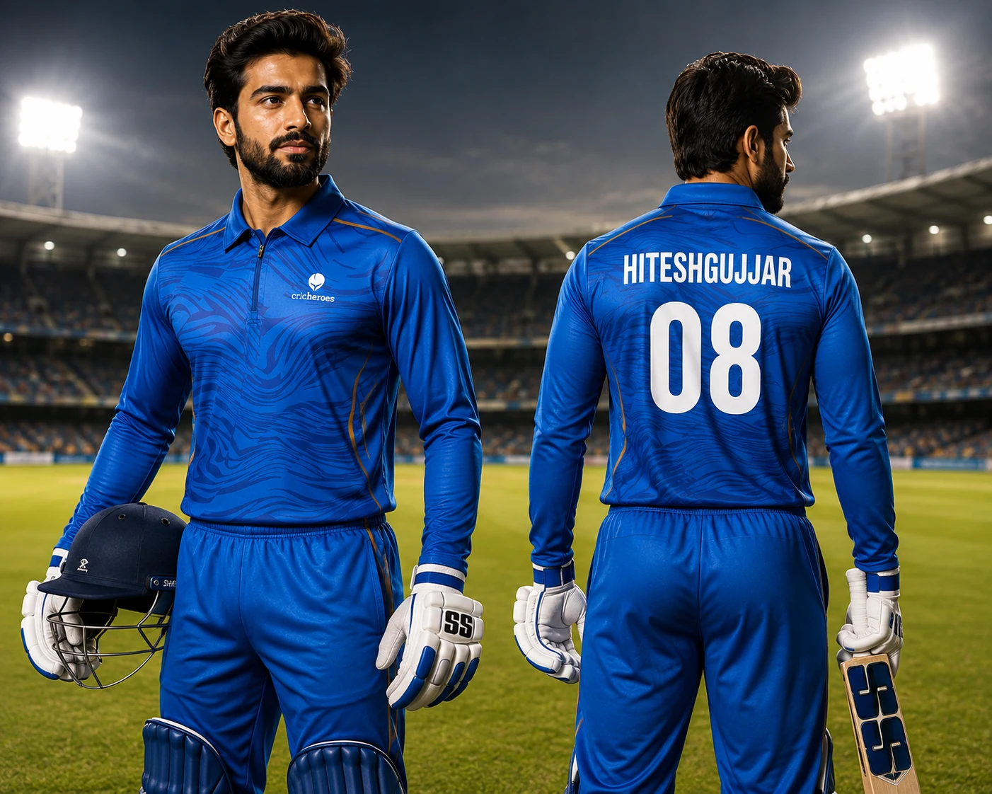 Blue cricket kit shown from the front and back