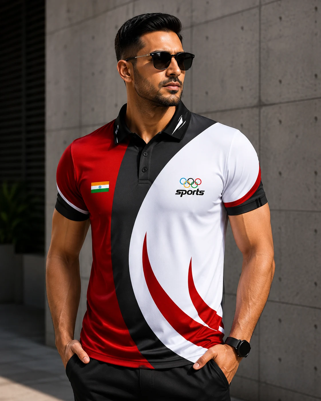 Sports-style polo T-shirt worn in a clean outdoor setting