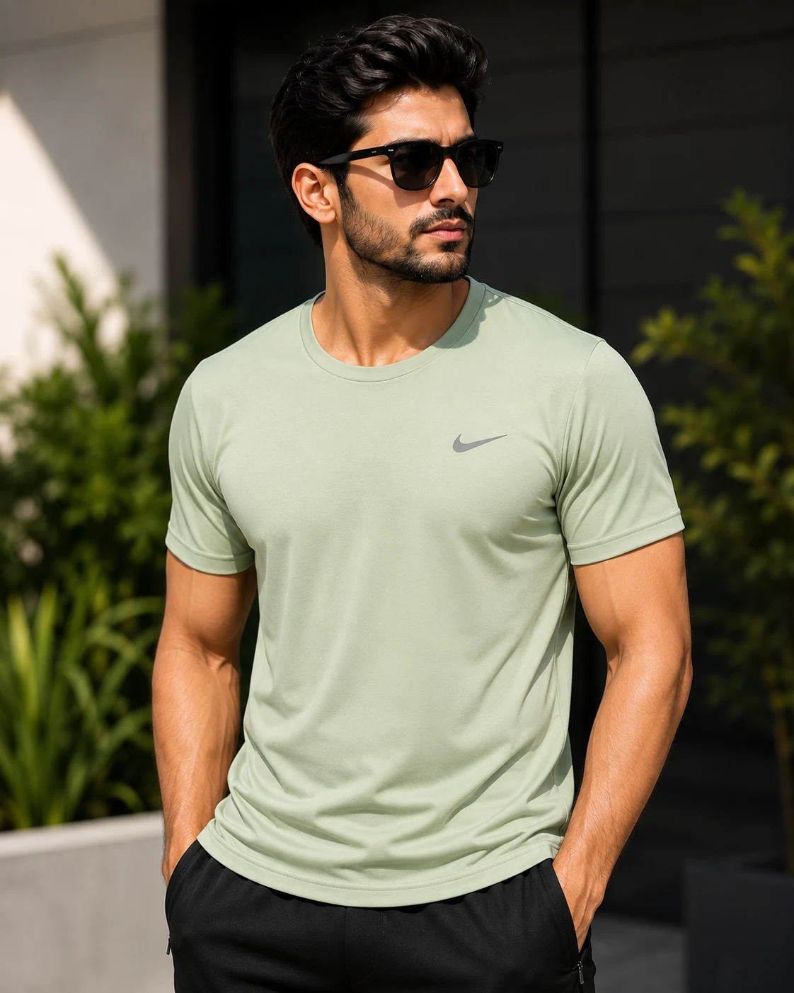 Round-neck T-shirt worn as everyday sports apparel