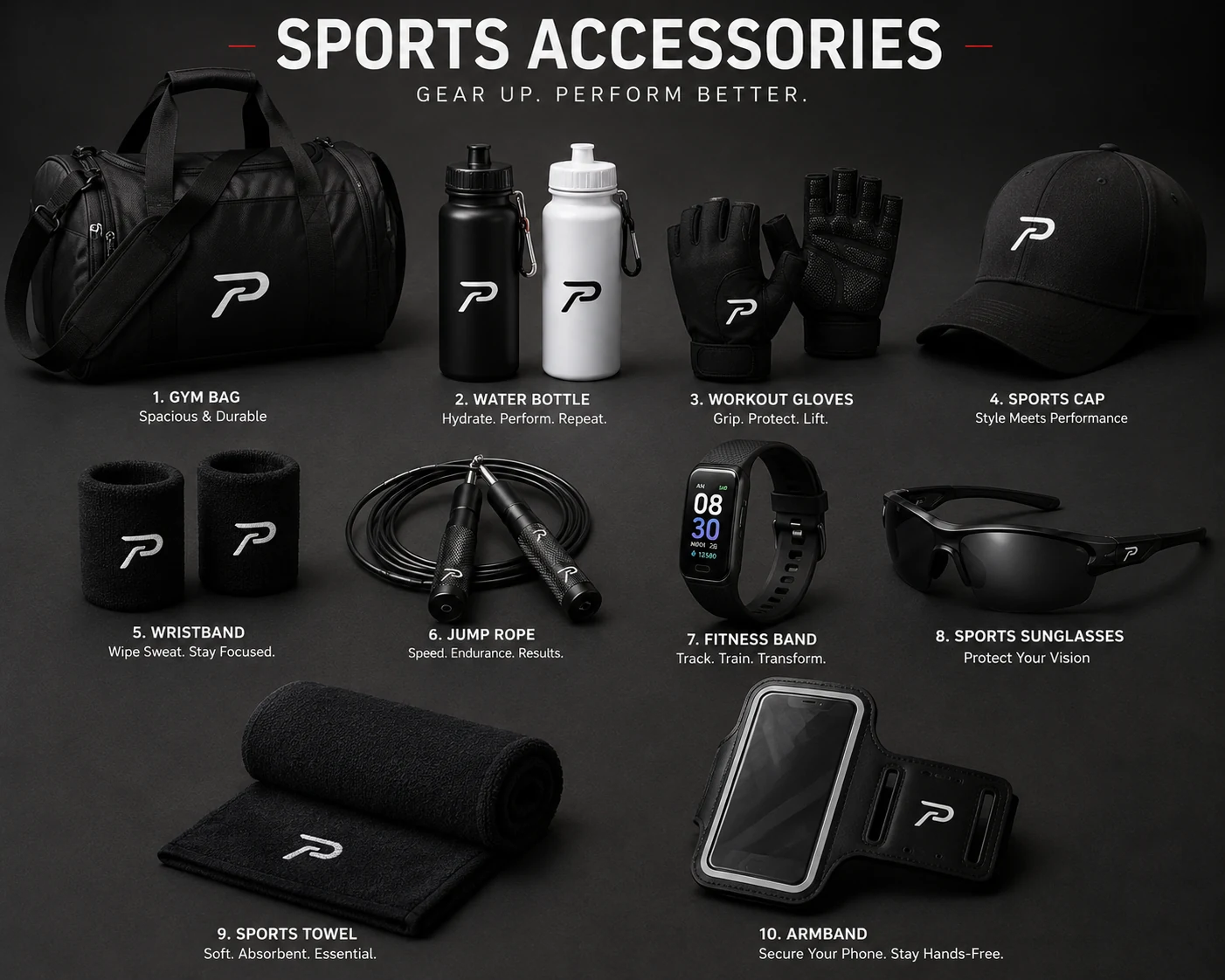 Sports accessories arranged together on a stadium background